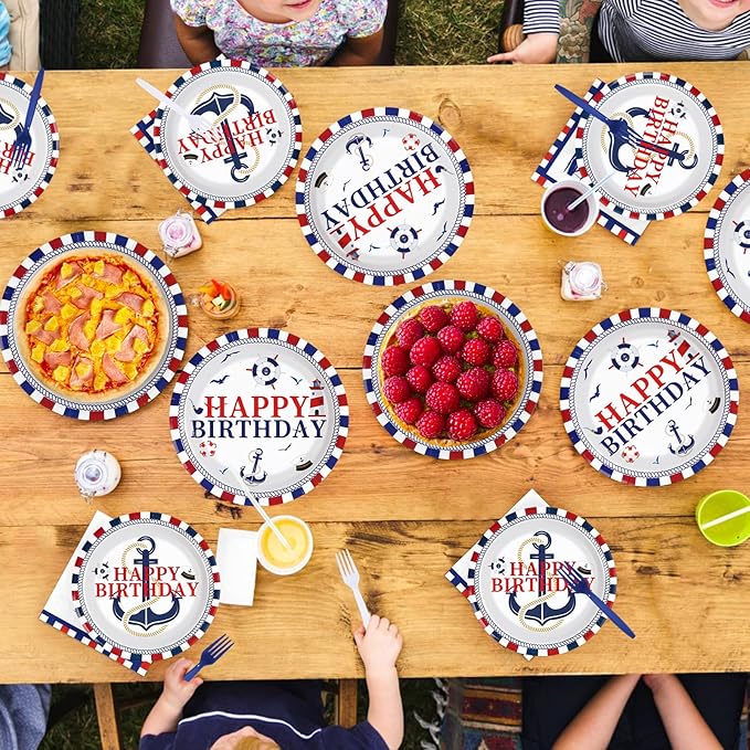 96 Pcs Nautical Party Supplies Sailing Party Decoration Plates and Napkins Red White and Blue Tableware Set for Boy Birthday Baby Shower Nautical Theme Celebrations Serves 24