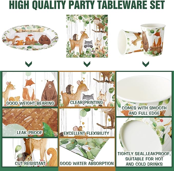 Hushee 200 Pcs Woodland Baby Shower Paper Plates Cups Napkins Woodland Animals Themed Gender Reveal Party Supplies Tableware Set Disposable Cup Napkin for 50 Guest Party Decoration