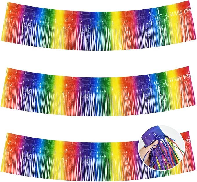BEISHIDA 3 Packs Metallic Foil Fringe Garland Rainbow Wall Hanging Tinsel Fringe Banners for Car Floats Bridal Shower Wedding Birthday Easter Graduation Holiday Party Decoration(30 Feet)