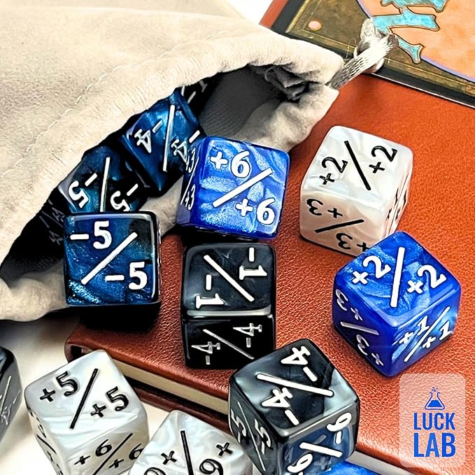 Luck Lab MTG Magic Life Counter Dice, 48 PCS - Compatible w/Magic Card Game Accessories, CCG Creature Stats w/ 2 Dice Bags (Blue Pearl, Blue Swirl, White Pearl, Black Pearl)