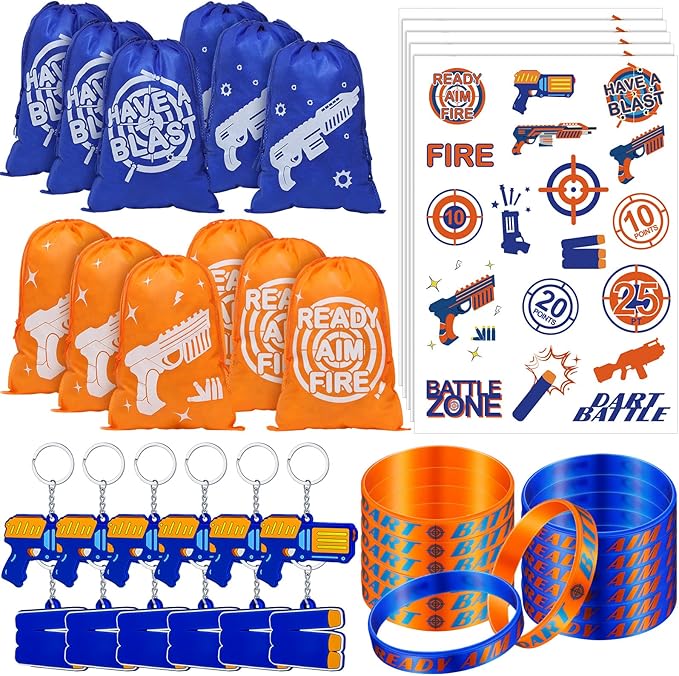 Sureio Dart Battle Party Supplies Include Wars Party Goody Treat Bags Dart Silicone Rubber Bracelet Wristbands Keychain Temporary Tattoos for Battle Birthday Favors(288 Pcs)