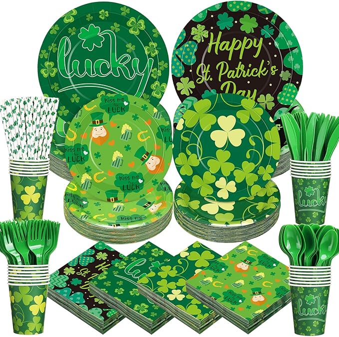 450 Pcs Happy St. Patrick's Day Tableware Set Decorations, Lucky Green Shamrock Paper Plates Clover Napkins Cups Cutlery Straws for Irish Festival St. Patrick's Day Party Supplies, Serves 50