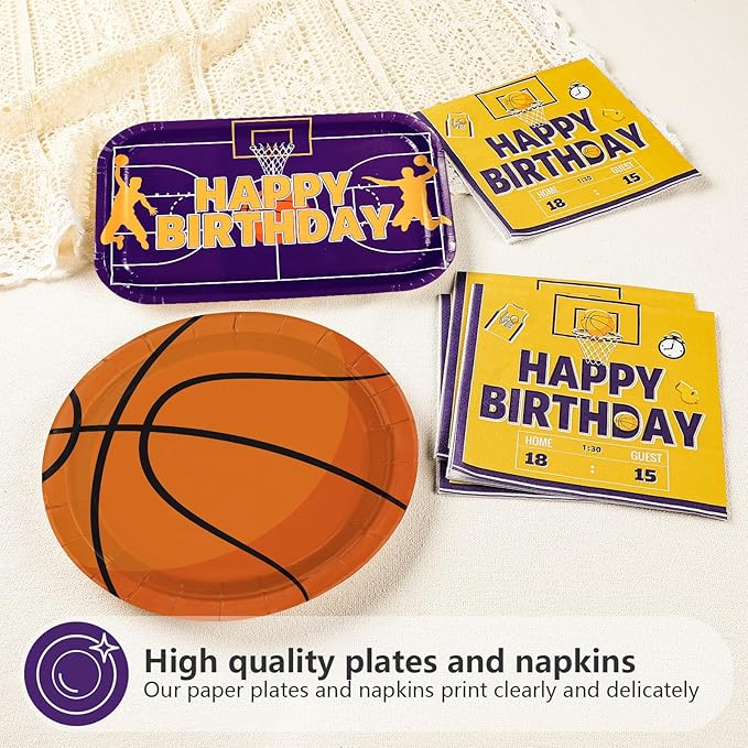 96Pcs Basketball Birthday Party Decorations Sports Themed Plates and Napkins Purple Yellow Basketball Disposable Paper Tableware Set for Kids Boys Men Birthday Party Supplies Serves 24