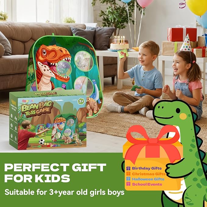 4-in-1 Dinosaur Bean Bag Toss Game for Kids, Cornhole Board Set with Dart Board for Toddler Outdoor Toys, Family Party Game Backyard Beach Lawn Activities Gift for Boys & Girls Ages 3 4 5 6 7 8