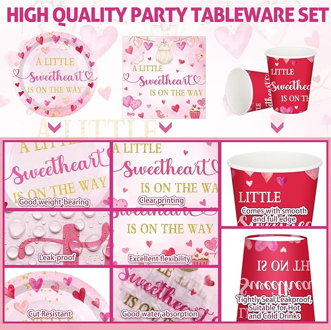Hushee 200 Pcs Valentine's Day Little Sweetheart Baby Shower Paper Plates Cups Napkins Party Supplies Tableware Set Disposable Cup Napkin for 50 Guest Party Decoration
