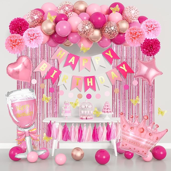 Pink Birthday Party Decorations for Women Girls, Foil Confetti Rose Gold Hot Pink Balloons Happy Birthday Banner Fringe Curtains Butterfly Decor Circle Dots Tassels Pompoms Mothers Day Party Supplies