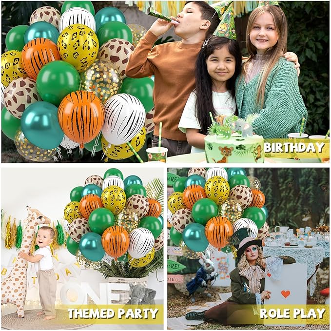 Jungle Safari Balloons, 50 Pcs Animal Print Balloons, 12 Inch Dark Metallic Green Gold Confetti Deer Paw Print Tiger Zebra Leopard Balloons for Birthday Baby Shower Jungle Safari Party Decorations