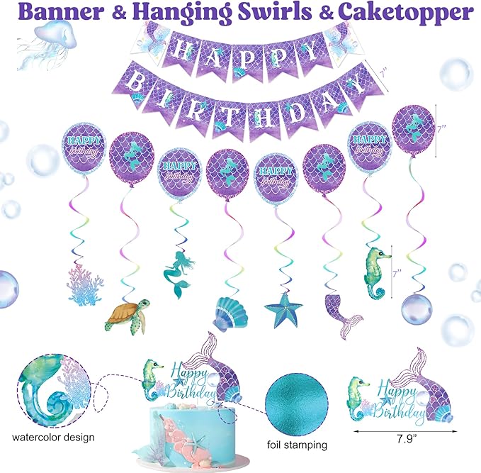 Mermaid Birthday Decorations for Girls, Under The Sea Party Supplies and Decor, Little Mermaid Theme