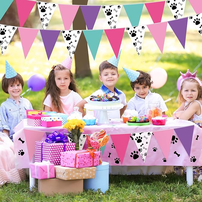 Tiamon 5 Pcs Blue and Pink Dog Paw Birthday Banner Decoration Purple and Puppy Paw Print Pennant Bunting 49.2 Ft Puppy Print Triangle Flag for Boy and Girl Birthday Dog Baby Showers Party Decoration