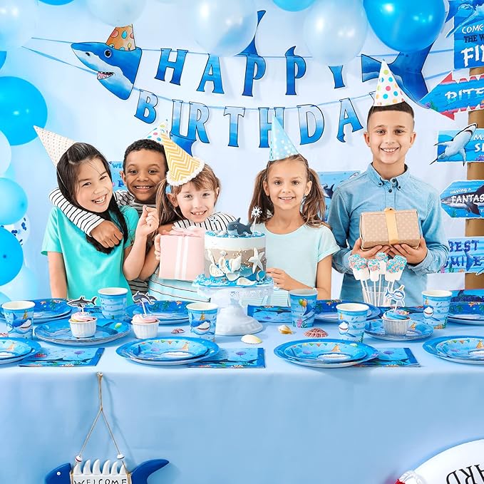 WERNNSAI Shark Birthday Party Decorations - 64PCS Under The Sea Birthday Decorations Blue Ocean Plates Cups Napkins Tableware for Kids Boys Baby Shower Summer Pool Party Decor Serves 16 Guests