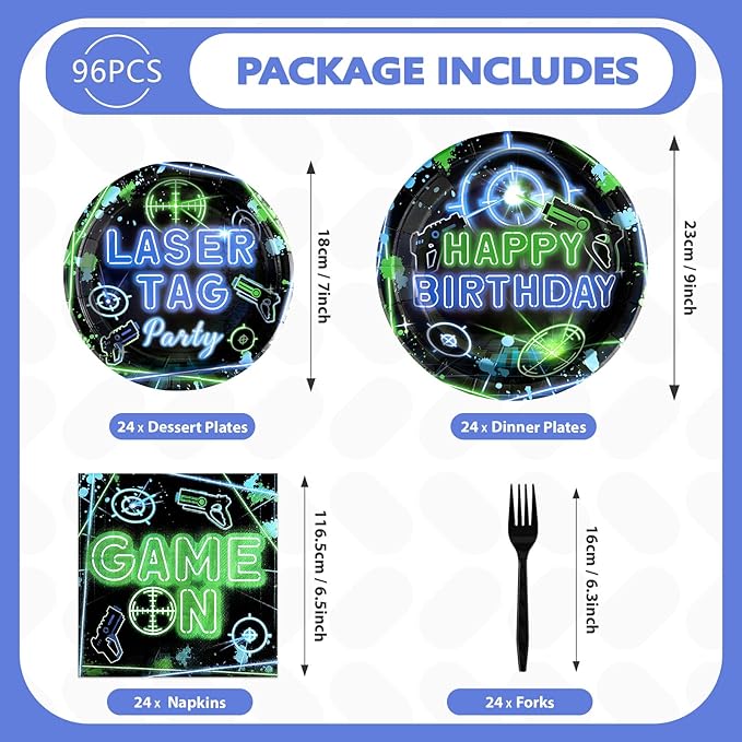 Grencian 96PCS Laser Tag Birthday Party Decorations Set - Green, Blue Laser Party Plates, Disposable, Serves 24