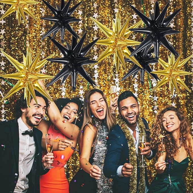TONIFUL 8 Pcs Black Gold Star Foil Balloons Large Explosion Star Mylar Decorations for Party Backdrop Christmas New Year Birthday Wedding Baby Shower Anniversary Photo Booth Supplies