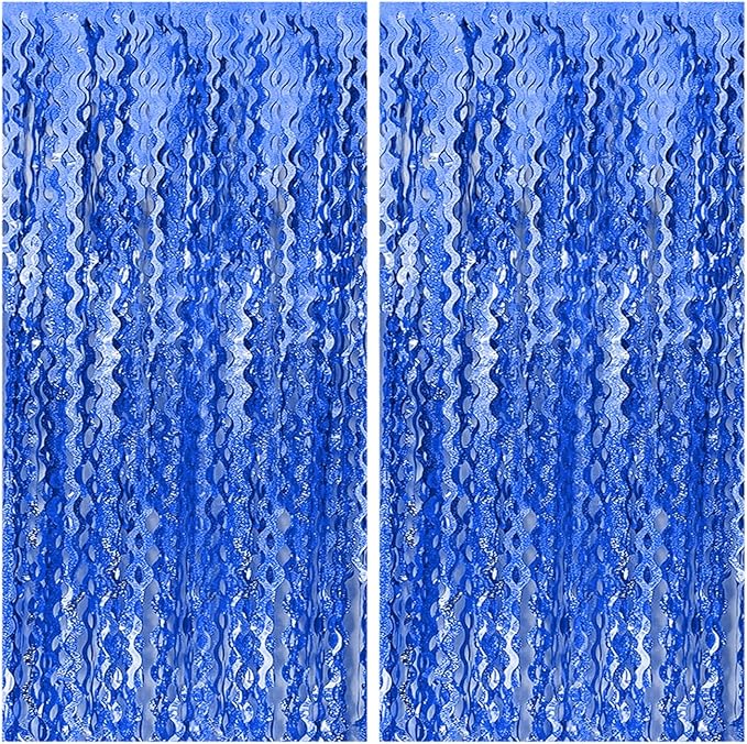 2 Pack Navy Blue Wavy Foil Fringe Curtains, 3.3x6.6 Ft Metallic Tinsel Wavy Backdrop Party Decorations Door Navy Blue Streamers for Birthday Wedding Engagement Decor,Party Supplies