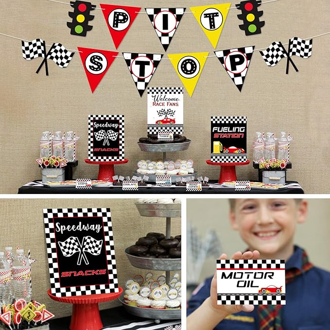 Race Car Bar Decorations Racing Car Birthday Party Decor Kit Pit Stop Banner Race Bar Signs Snack Tent Cards Let's Go Racing Theme Party Supplies