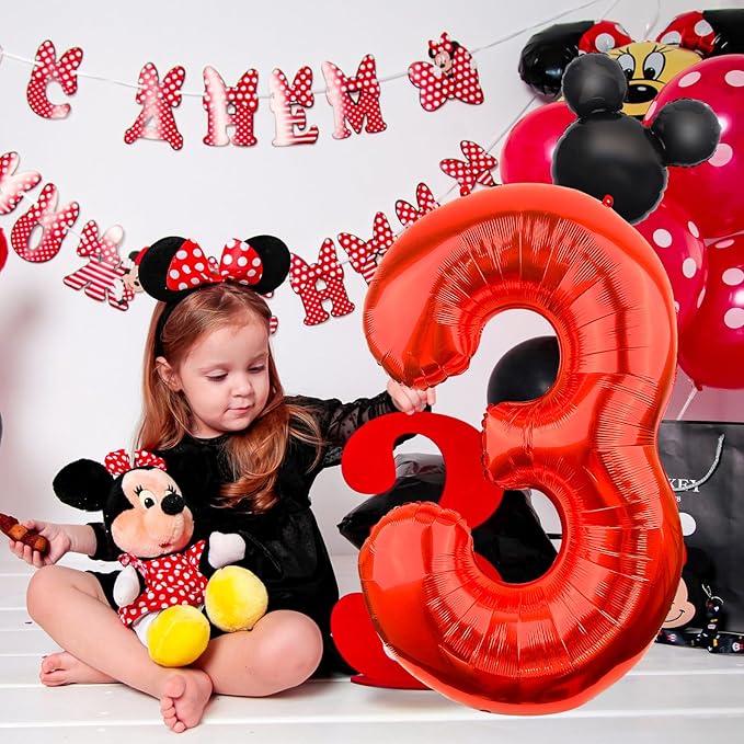 Mouse Number 3 Balloon 40 Inch Red Number 3 Balloon Mini Mouse Head Balloons for 3rd Birthday Party, Black Red Large Numeral Foil Balloons for Baby Shower Anniversary Supplies Decorations