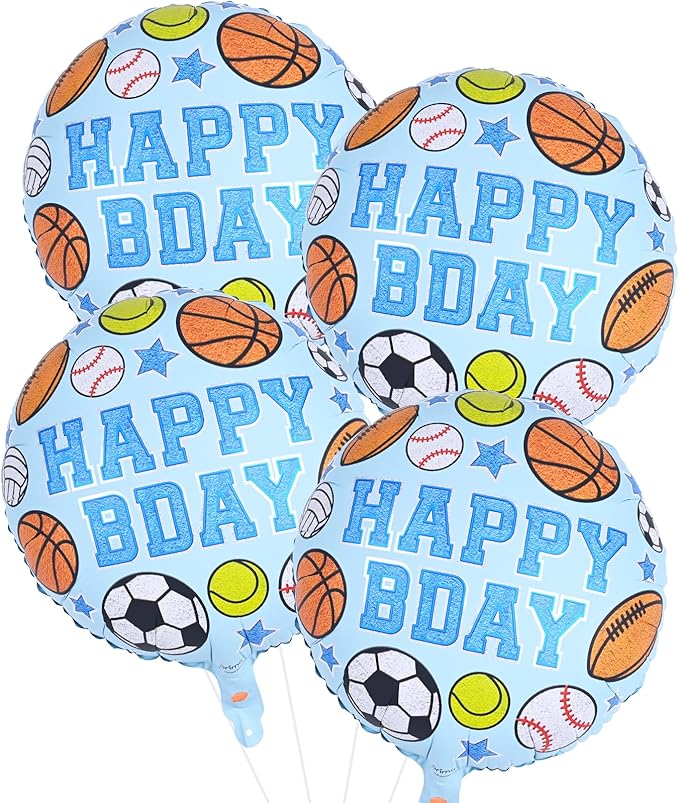Sports Birthday Balloons Party Decorations, 18 Inch Inflatable HAPPY BDAY Mylar Foil Sports Balloon with Baseball Volleyball Basketball Soccer Game Print for Boy Baby Shower Birthday Party Decorations