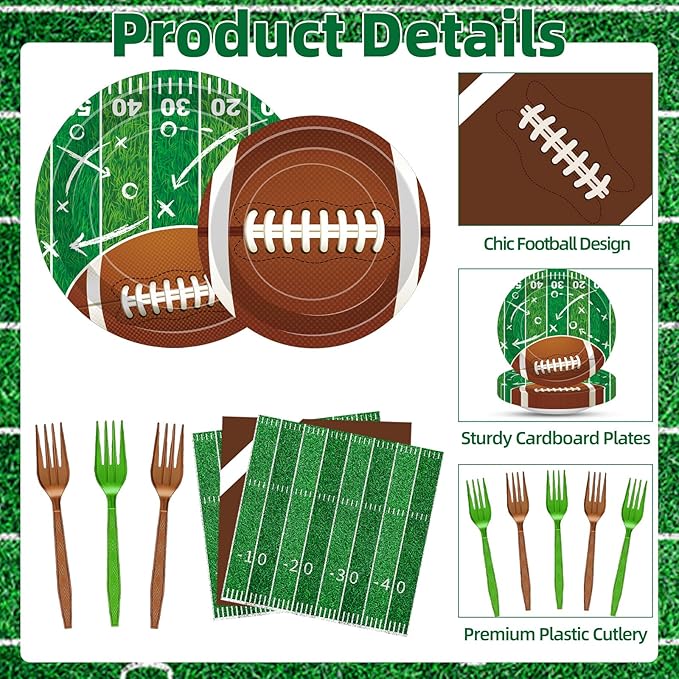 100 Pcs Football Party Supplies Set, Serves 25 – Disposable Football and Field Design Paper Plates, Napkins, and Forks, Game Day Tailgate Themed Tableware for Sports Birthday and Team Decorations