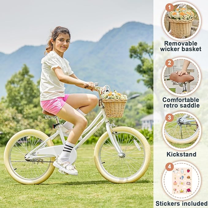 Petimini Vintage Kids Bike for Girls, 12–20 Inch Classic Bicycle with Wicker Basket & Bell, High Tensile Steel Frame, Training Wheels (12–18”), 85% Pre-Assembled, Retro Bike for Outdoor Riding