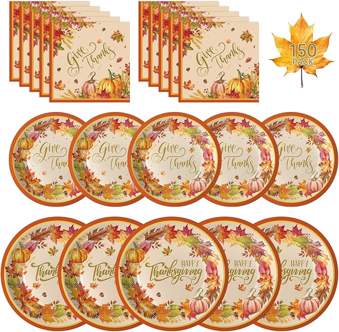 150 Pack Happy Thanksgiving Plates and Napkins Sets - Disposable Fall Paper Plates Napkins Dinnerware, Give Thanks Heavy Duty Dessert Dinner Plate for Thanksgiving Party Supplies Table Decor, Serve 50