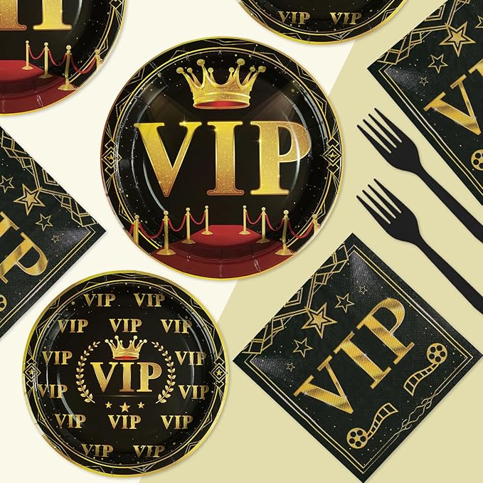 96 Pcs VIP Party Decoration Tableware 350 GSM Disposable Movie Night Red Carpet Plates and Napkins Party Supplies for Film Show Star VIP Celebrity Event Prom Red Carpet Runner for Party Serves 24