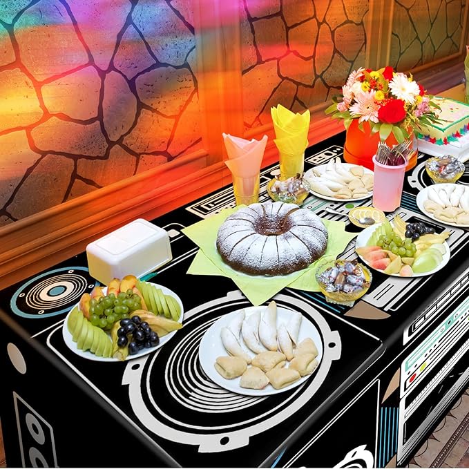 Oudain 6 FT 80s 90s Theme Tablecloth 80s Birthday Party Supplies Hip Hop Party Decoration Vintage Boom Box Tablecloth 72 x 30'' Retro Radio Table Cover Washable Fabric Polyester Rectangle Table Cover