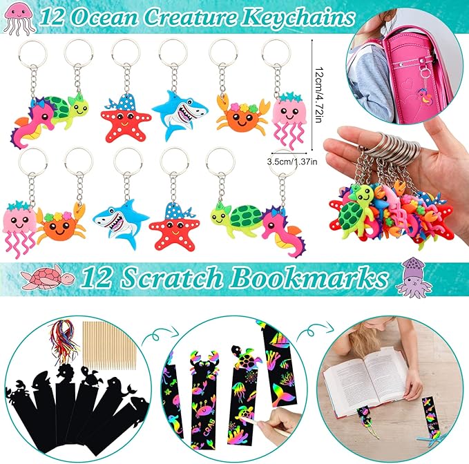 Under Sea Party Favors, 134 Pcs Ocean Birthday Party Supplies - Ocean Sea Animal Toys, Scratch Art Set, Grow In Water Animals for Under Sea Party Decorations, Goodie Bag Stuffers