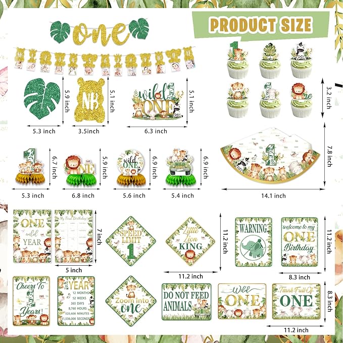 Mpanwen Wild One Birthday Decorations for Boys, 132 Pcs First Safari Jungle Theme Party supplies for 1st Boy Baby - Backdrop, Tablecloth, Palm Leaves, Centerpieces, Crown, Poster, Wall Signs, Blocks
