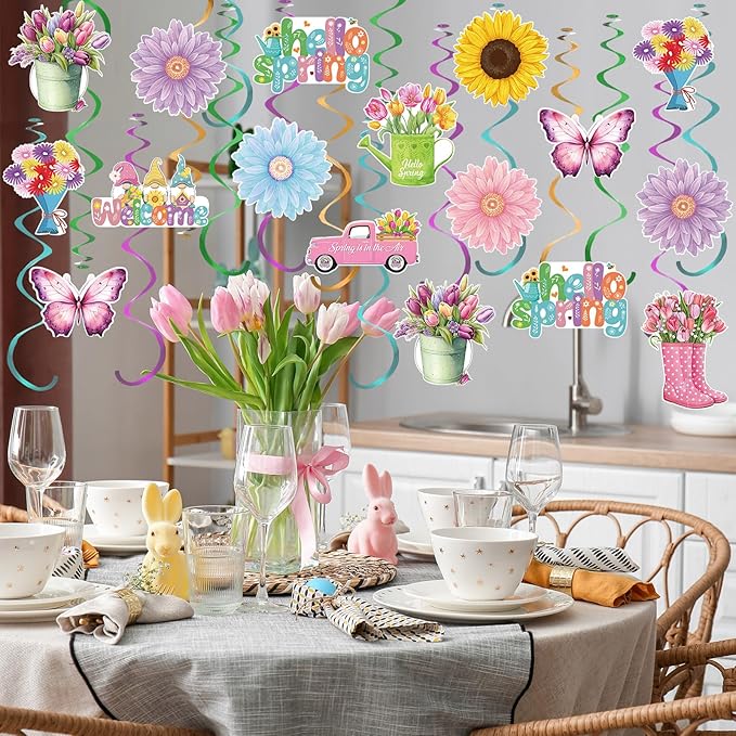 Spakon 72 Pcs Hello Spring Hanging Swirl Decorations Spring Party Decoration Assorted Sunflower Tulips Trucks Gnome Butterfly Ceiling Decor for Office Party Favors Home Supplies