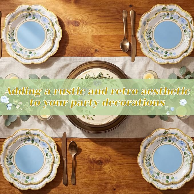 60 Pcs Eucalyptus Paper Plates 9 in and 7 in Blue Dessert Party Plates with Gold Rim Disposable Floral Shape Tableware for Wedding Birthday Party Baby Shower Bridal Shower