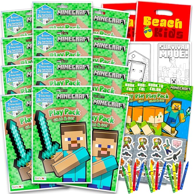 Minecraft Birthday Party Favors and Supplies Bundle - 12 Minecraft Activity Play Packs for Boys, Girls with Mini Coloring Books, Stickers, Loot Bags | Video Game Favors for Kids