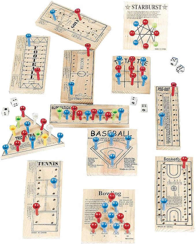 Fun Express Wooden Board Games Set 12 Pack - Classic Travel Games for Kids & Adults | Mini Peg Board Games, Checkers & Tic Tac Toe | Portable Family Game Night Collection for Road Trips & Camping