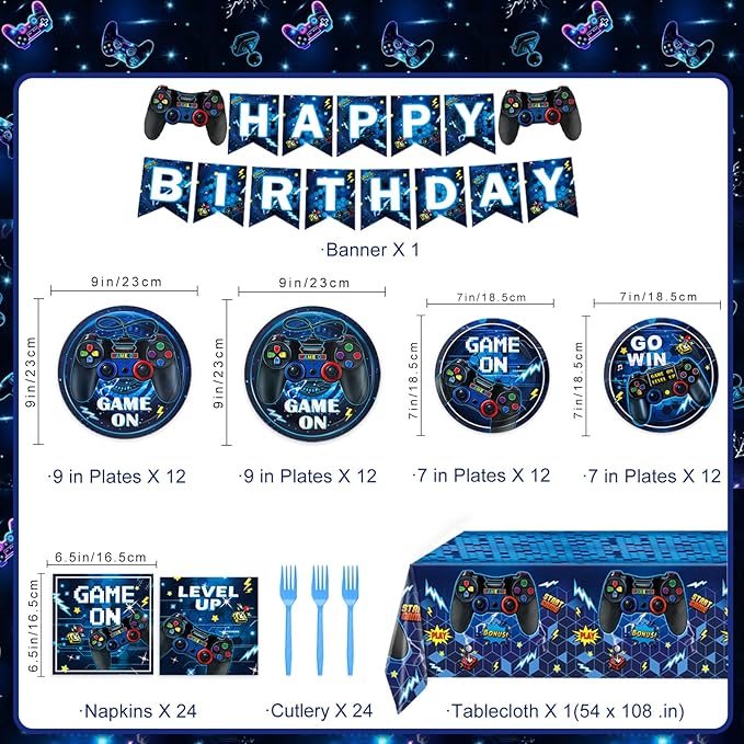 Video Game Birthday Decorations, Level Up Party Supplies Includes Plates, Napkins, Forks, Banner, Tablecloth for Boys Gamer Birthday Party Decorations, Serves 24