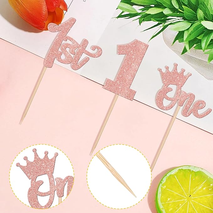 24 PCS One Cupcake Toppers Glitter 1st Birthday Cupcake Picks First Birthday Crown Wild One Cupcake Decoration for Baby Shower 1st Birthday Boho Theme Party Cake Decorations Supplies Rose Gold