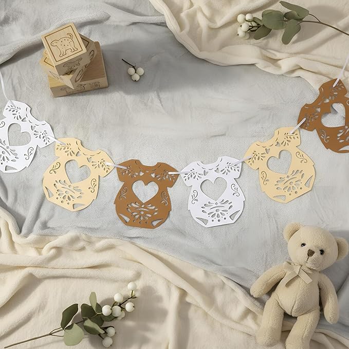 2 Pack Cielito Lindo Papel Picado Baby Shower Banner Decoration, Mexican 24 Pcs Bodysuit Card with Hanging String Fiesta Garland for Gender Baby Shower Party Supplies(Rustic Color)