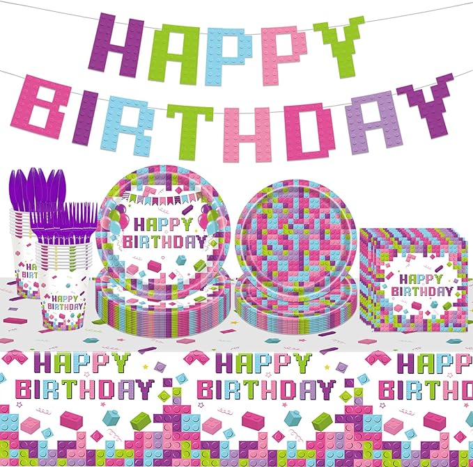 98PCS Building Blocks Birthday Party Supplies Building Blocks Party Decoration Boys Girls Colorful Building Blocks Theme Paper Plates and Napkins Tableware Set Tablecloth Banner Serve 16