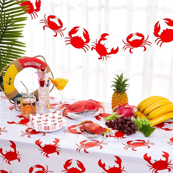 Juexica 4 Pcs Crab Boil Party Decorations 54 x 108 Inch Plastic Crab Table Cloth and 5.91 Ft Banners for Seafood Boil Party Supplies Crawfish Feast Birthday Ceiling Decorations Table Centerpiece