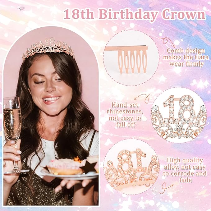 Semato 18th Birthday Decorations for Her Sash and Crown Tiara Kit Rose Gold 18th Birthday Gifts for Girls Party Supplies