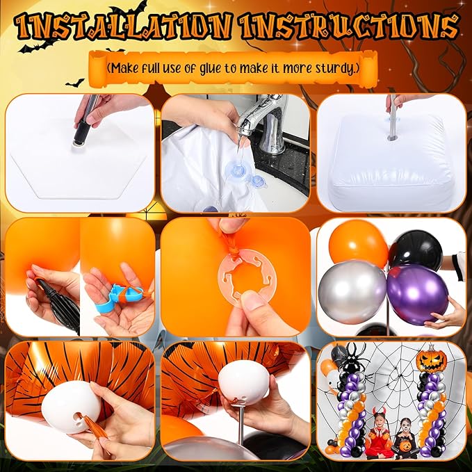 Kasyat 2 Sets Halloween Balloon Column Stand Kit with Scary Pumpkin Spider Foil Balloon Orange Purple Black Silver Arch Garland Kit for Spooky Birthday Party Halloween Theme Decoration