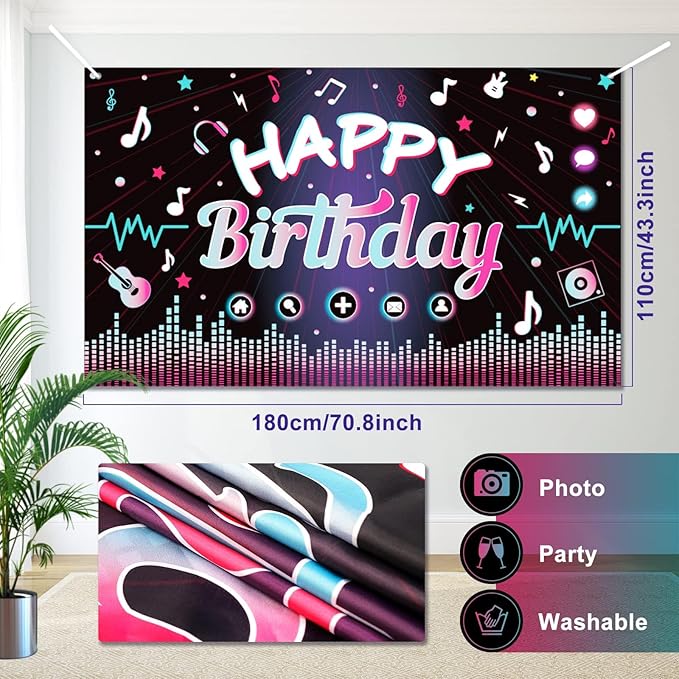 OurWarm 130 Pcs Tik Tok Birthday Party Decorations, Music Happy Birthday Decorations, Tiktok Party Theme Party Supplies Includes Happy Birthday Banner, Balloons Arch, Tablecloth for Birthday Decor