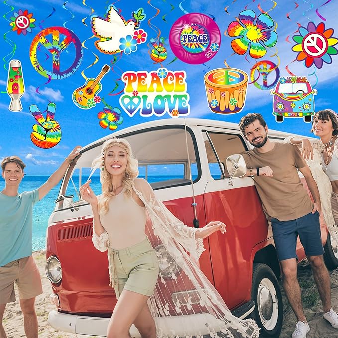 60s 70s Hippie Party Decorations Foil Swirl Decorations, 60s 70s Peace Out Sign Groovy Retro Party Retro Flower Cutouts Peace Sign Hanging Swirls Ceiling for Hippie Groovy Birthday, 30 Count(Novel)