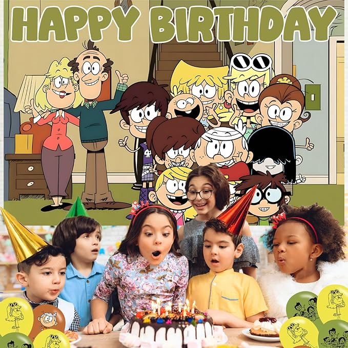The Loud House Birthday Party Decoration,Loud House Party Photo Background 5 x 3 FT and 18 Pcs Balloon,Merch Party Backdrop Supplies