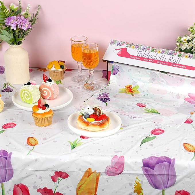 Kochorie Spring Flower Tulip Tablecloth Roll 54 Inch x 100 Feet Plastic Floral Disposable Table Cover Butterfly Wildflower Themed Backdrop for Spring Floral Tea Party Birthday Wedding Decor