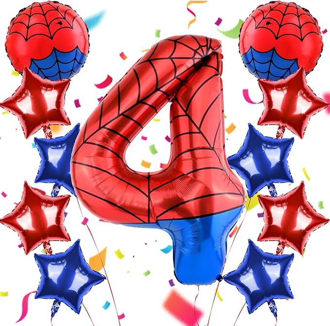 40 Inch Spider Theme Number Balloon, Number Block Foil Number 4 Balloons Large Big Numbers Helium Balloon for Girls Boys 4th Birthday Theme Party Decorations (Number 4)
