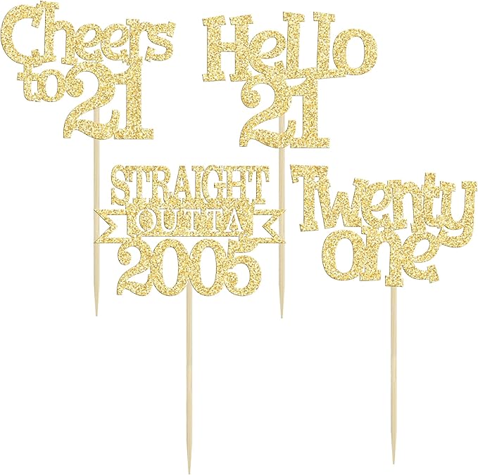 Ephlyn 24Pcs 21st Birthday Cupcake Toppers Glitter Straight Outta 2005 Cupcake Picks Hello 21 Cheers to 21 Years Cake Decorations for 21st Birthday Anniversary Party Decorations Supplies Gold