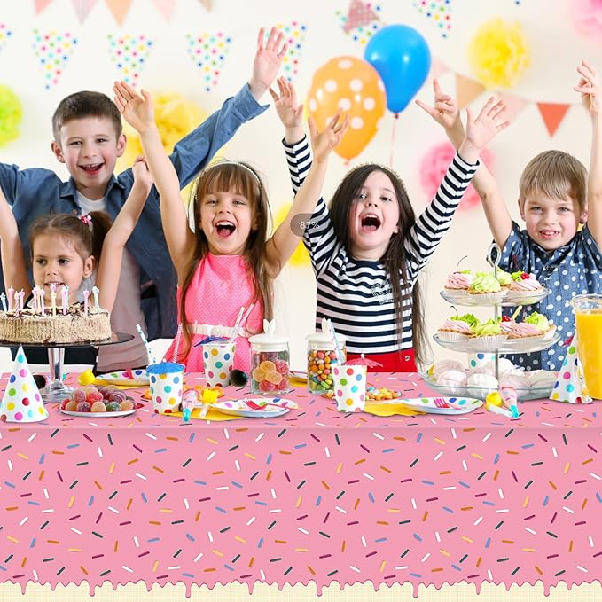 6Pcs Sprinkle Donut Tablecloth, Pink Ice Cream Table Cloth Disposable Plastic Rectangle Table Covers for Baby Girl Sweet One Birthday Donut Grow Up Donut Themed Party Decorations, 54 X 108 Inch