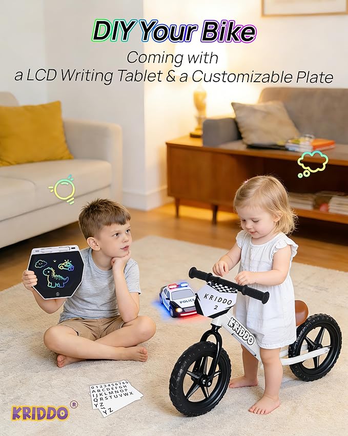 KRIDDO Toddler Balance Bike 2 Years Old, 12-Inch Colorful Lighting-Up Push Bicycle with LCD Writing Tablet, Steady Balancing, Gift Bike for 2-5 Boys Girls, LED-White
