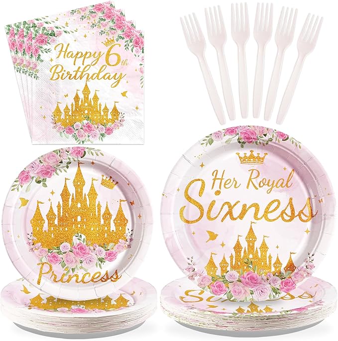 96Pcs Princess Birthday Party Supplies Princess 6th Birthday Party Plates and Napkins Disposable Pink Gold Pastel Castle Tableware Set for Girl Six Years Old Fairytale Decorations Serves 24