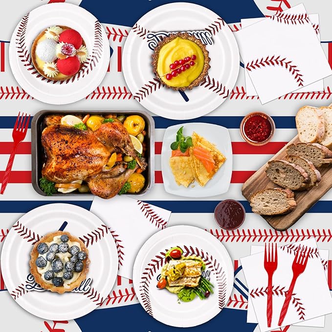 Baseball Party Decorations, Baseball Birthday Decorations Supplies Include Baseball Tablecloth Paper, Plates, Napkins, Forks, Baseball Party Supplies Dinnerware for Serve 24 Guests Kids Party Favors
