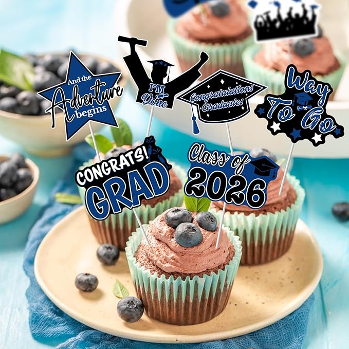 2026 Graduation Cupcake Toppers - 48 Pcs Blue Graduation Party Supplies Mini Cake Food/Appetizer Picks For Class of 2026 Graduation Decorations
