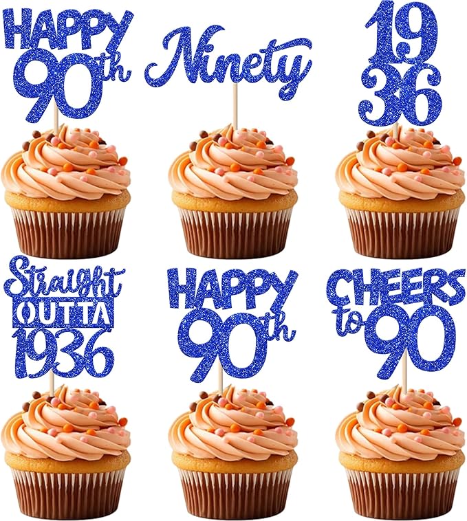 30 PCS 90th Birthday Cupcake Toppers Glitter Ninety Happy 90 Straight Outta 1936 Cupcake Picks for Cheers to 90 Fabulous 90th Birthday Anniversary Party Cake Decorations Supplier Blue